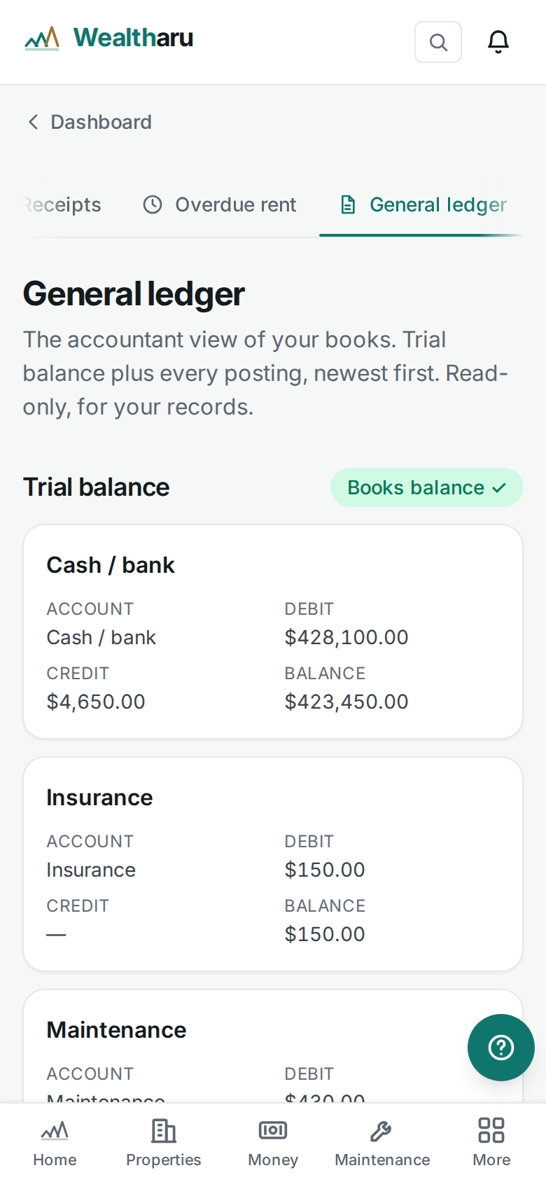 Wealtharu general ledger and trial balance showing balanced double-entry transactions across cash, rent, and expense accounts.