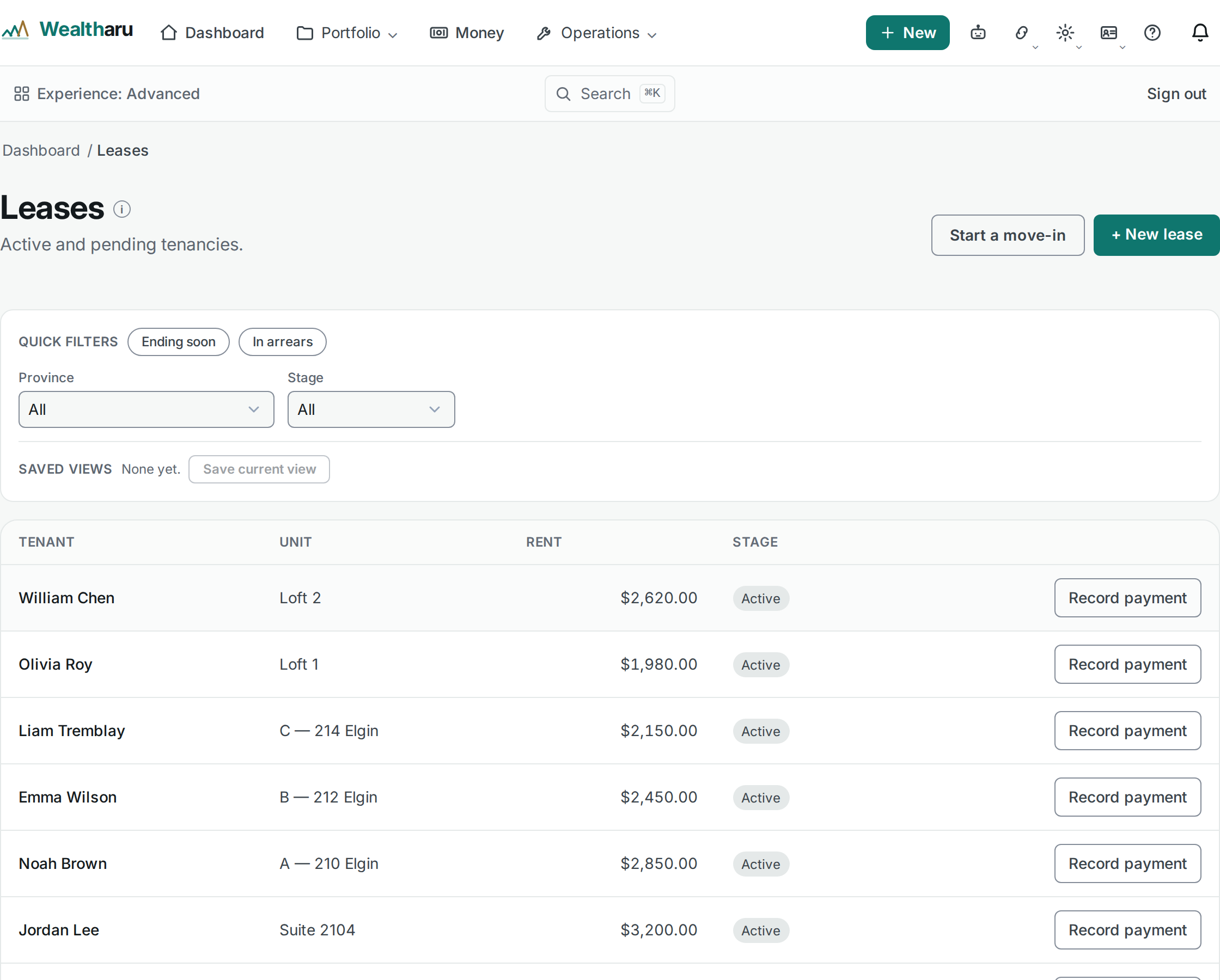 Wealtharu leases list showing tenants, units, monthly rent, and active lease stages.